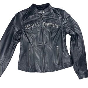 Harley Davidson Women’s Black Leather Moto Jacket M Embroidered Logo Cowhide